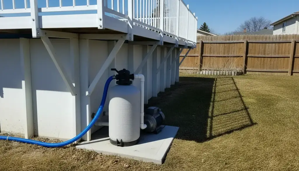 Sand filter and pump on a concrete pad beside an above-ground pool wall