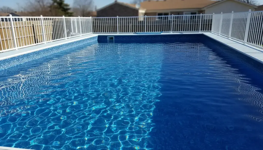 Filled rectangular pool with clear blue water inside a white aluminium railing