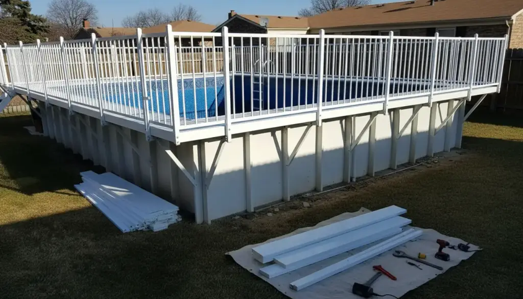 New wall panels laid out beside an above-ground pool with a white aluminium deck railing